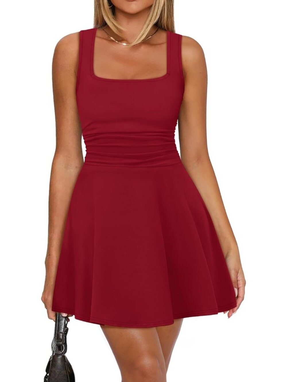 Women's Red Square Neck Ruched Waist Fit Flare Pleated Pull On Mini Dress